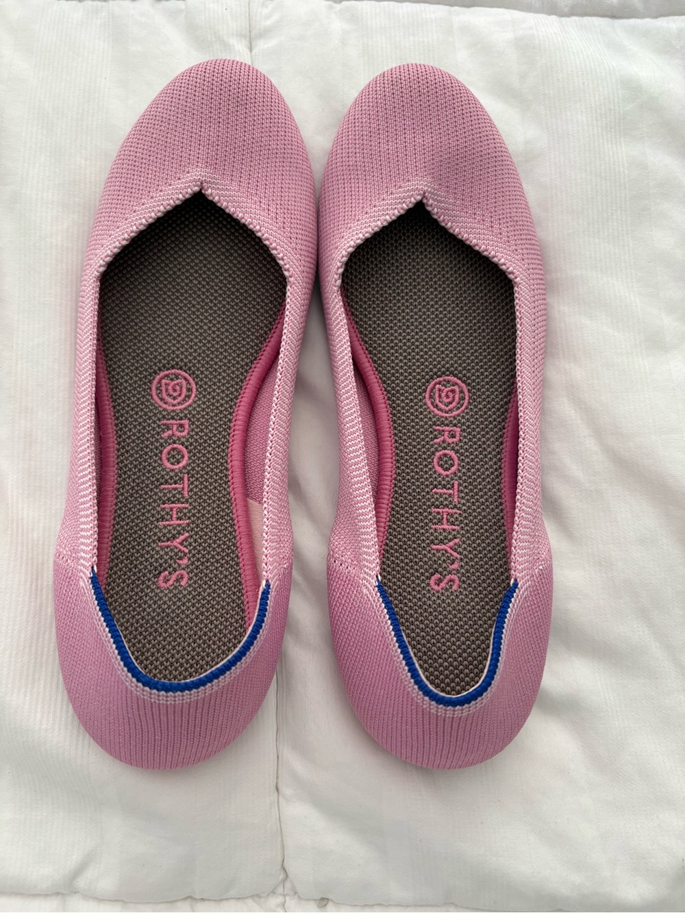 Rothy's Pink Knit Ballet Flats with Blue Heel Trim
